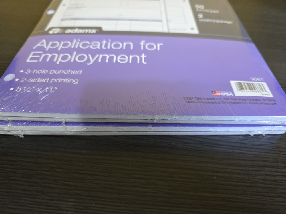 (2) Adams Applications for Employment Forms, 50 Two Sided Forms, 2 Pads per Pack