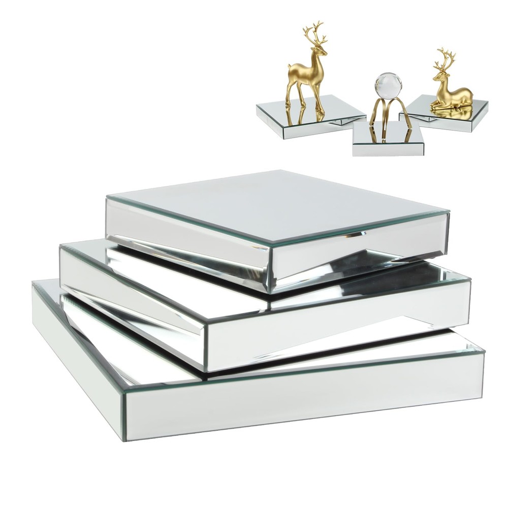 Square Mirror Reflection Display Platform Riser Stand, Silver Mirror Purses S...