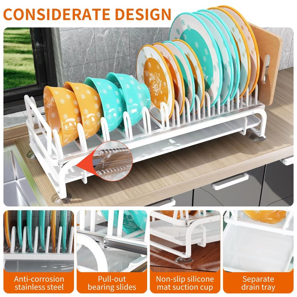 Dish Drying Rack With Drainboard - Slideable Organizer for Kitchen, Pull Out ...
