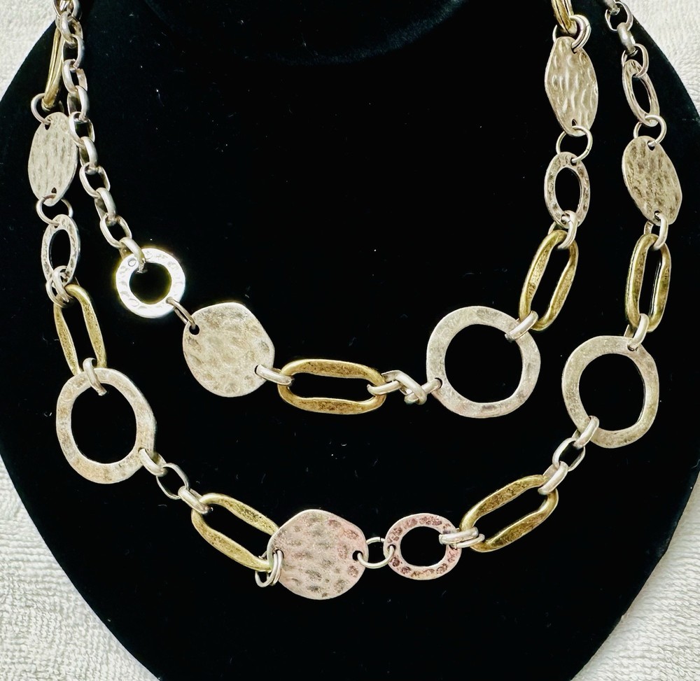 Ruby Rd Primitive Mod Hammered Gold/Silver Tone Circle Oval Link Necklace n0136