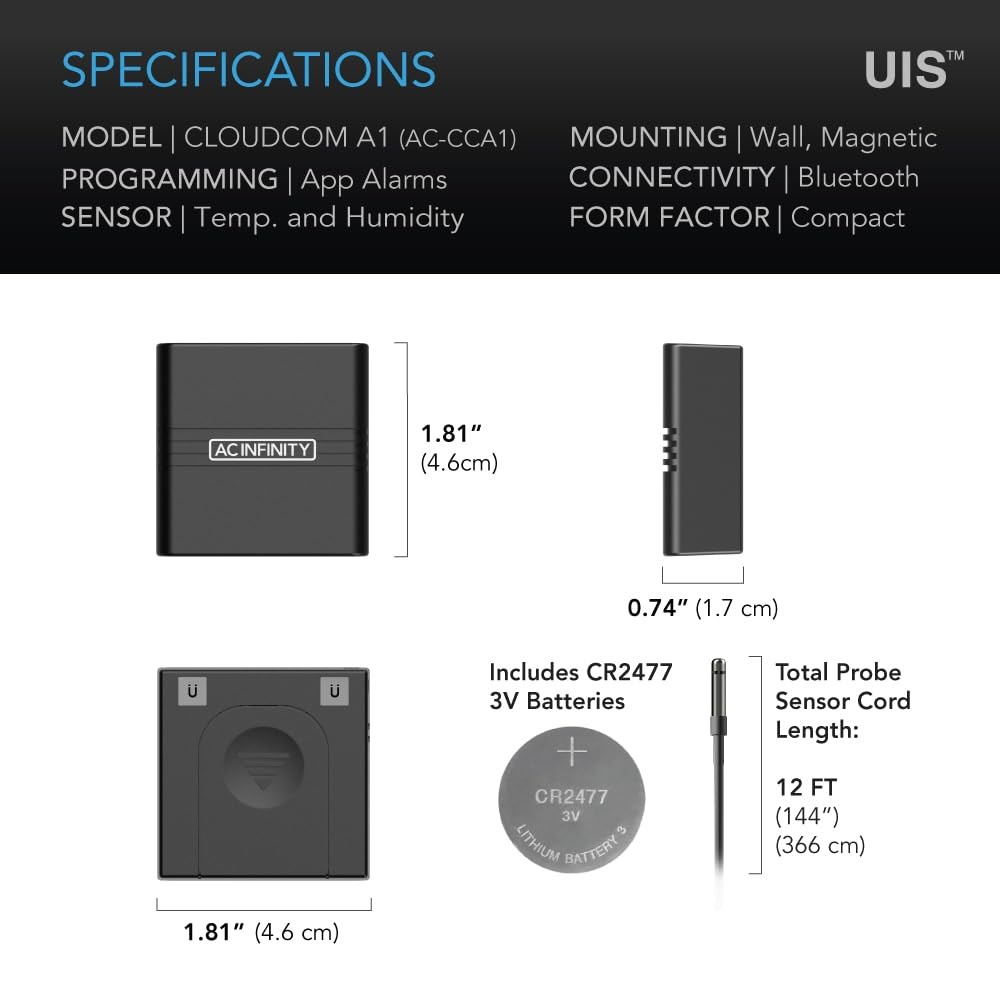 AC Infinity CLOUDCOM A2, Mini Temperature Humidity Smart Hygrometer Black