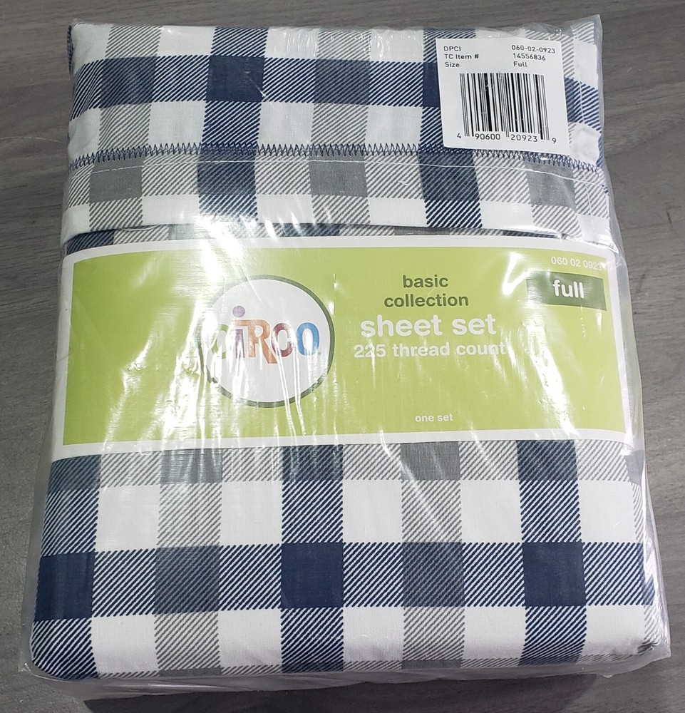 CIRCO BASIC COLLECTION SHEET SET 225 THREAD COUNT FULL, NAVY GINGHAM *NEW