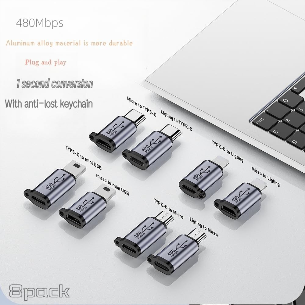 8Pack USB Adapter Kit,USB C/Lighting to Micro USB, Type C/Micro US-B to Light...