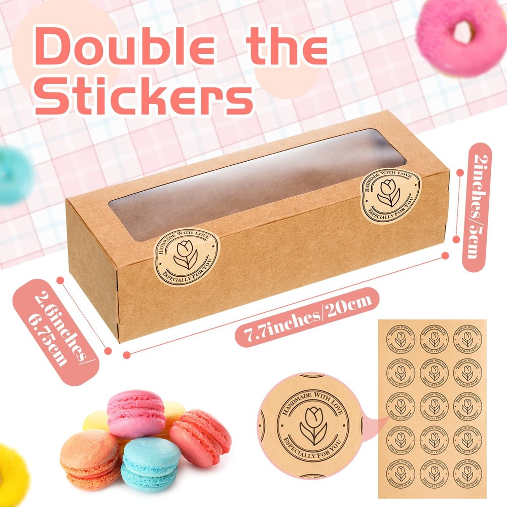 Sherr 150 Pcs Macaron Boxes with Window, Brown Bakery Boxes with Stickers, Co...