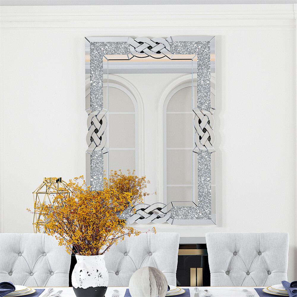 Decor Wall Mirror Luxury Crystal Accented Rectangular Large Art Mirror Silver