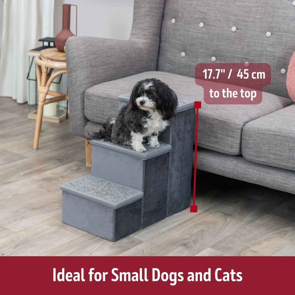 3-Step Foldable Velour Pet Stairs W/ Storage Gray