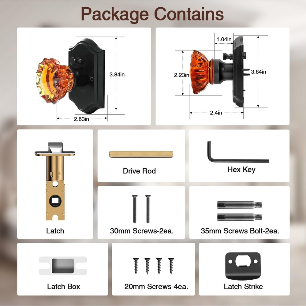 Crystal Door Knobs, Black Brown Glass Door Knobs Interior Rose Shape with Loc...