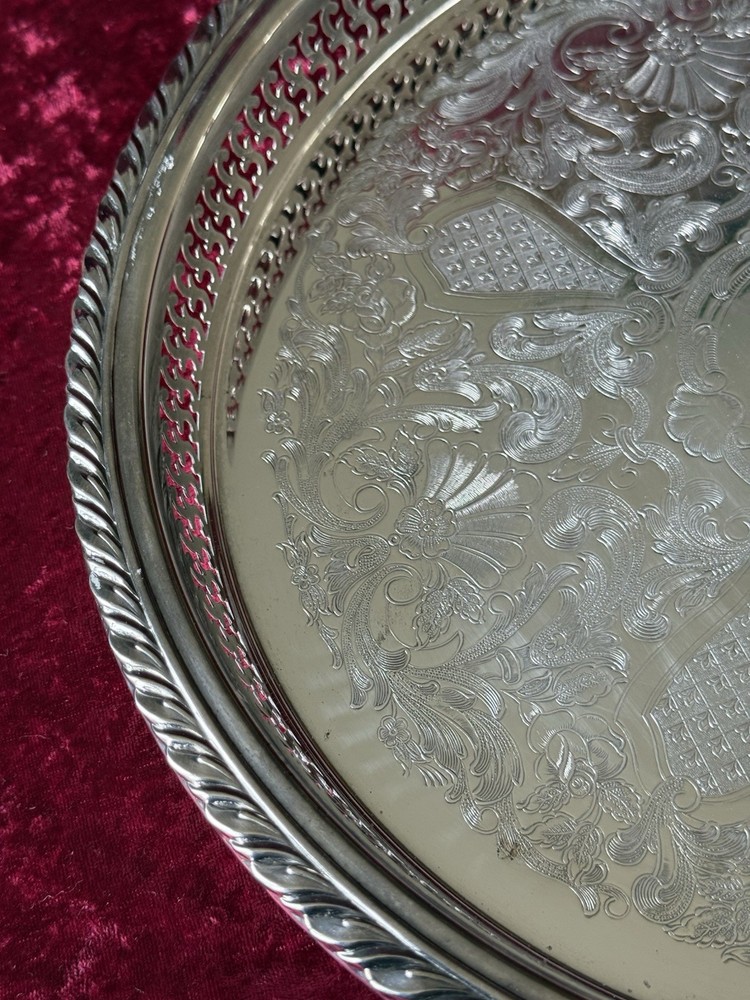 VTG Silver-plate 13” Tray Oneida USA with Scroll Etching Raised Rim Pierced.