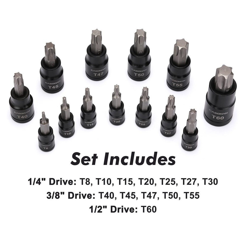 25 Piece Torx Bit Socket and External Socket Set 13 Star Socket Bits (T8- T60)&