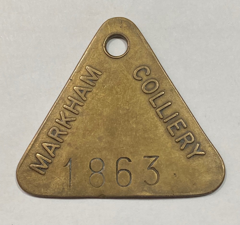 20th century North Derbyshire Markham Colliery triangular brass pit check tally