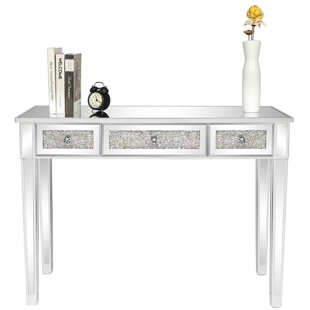 Modern Console Table Mirrored Vanity Table Makeup Desk Diamond w/ 3 Drawers