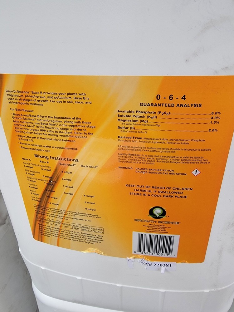 Growth Science Nutrient Base B 0-6-4 6-Gallon