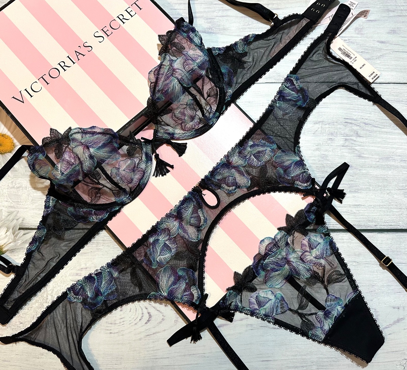 Victoria's Secret Black Electric Orchid Embroidery Unlined Demi Bra Garter Set