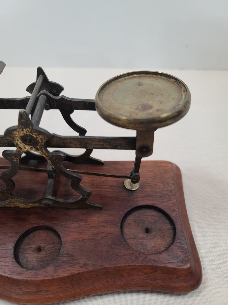Antique Postal Scale Brass W/Walnut Base and Weights