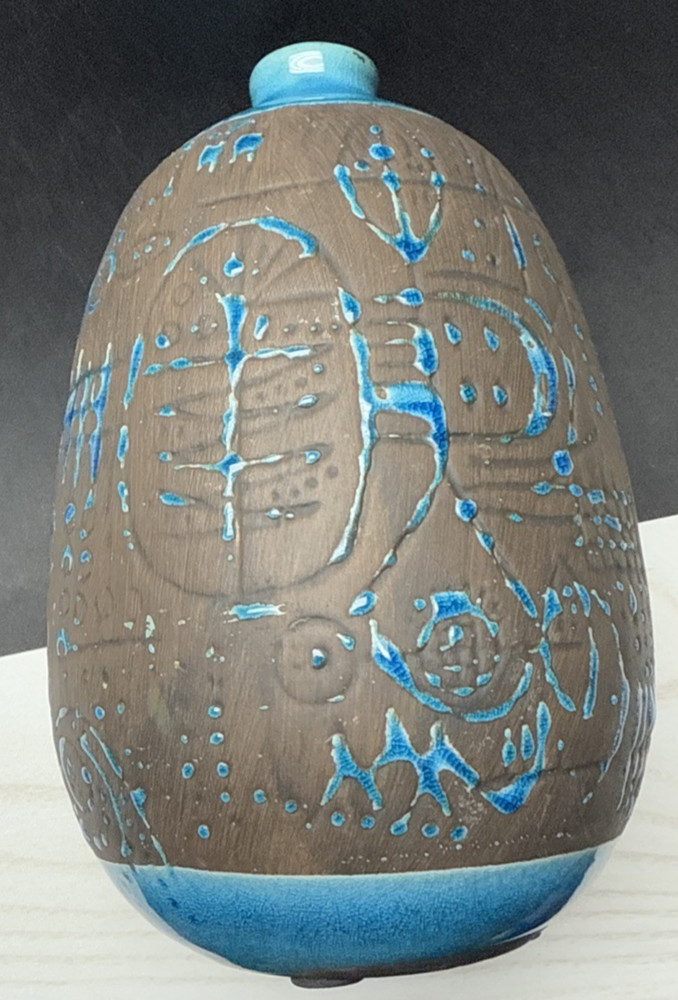 Contemporary Ashluxe Handmade Ceramic Table Vase Script Blue Brown Crackle As Is