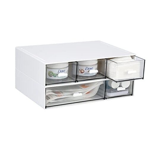 Desktop Organiser with 5 Drawers, Stackable 2 Flat Layers & 5 Drawers, White
