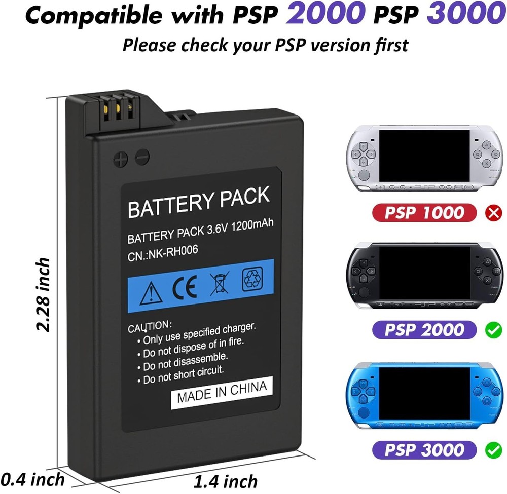 2Pcs Rechargeable Battery Pack Replacement for PSP 2000/3000/Lite/Slim Console,