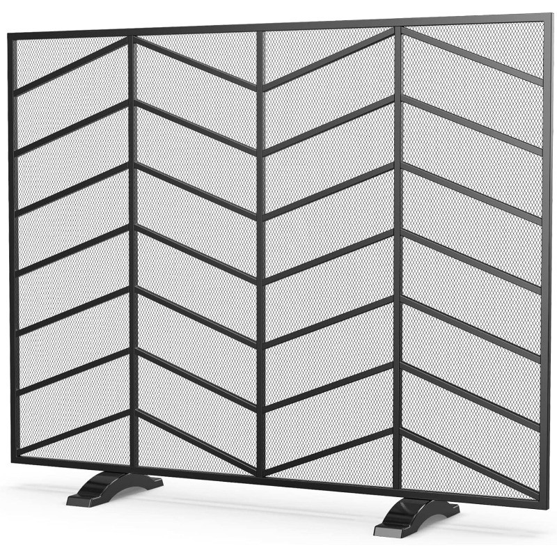 Single Panel Handcrafted Wrought Iron Mesh Chevron Fireplace Screen Fire Spark
