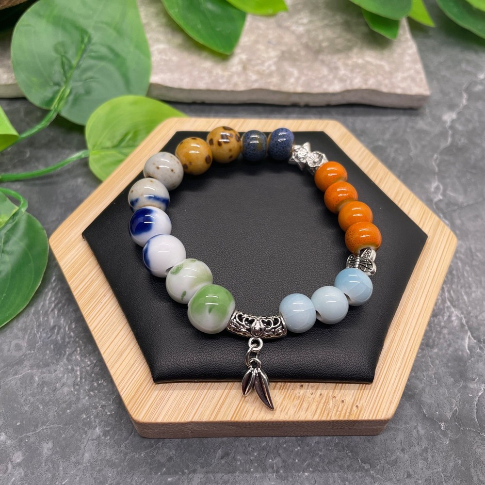 Handmade Ceramic Bead Beaded Stackable 6.25” Plus Stretch Bracelet New B616