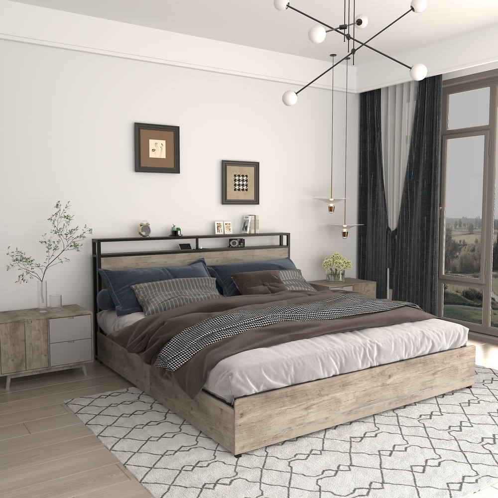 Full Bed Frame, Storage Headboard with Charging Station, Solid and Stable,
