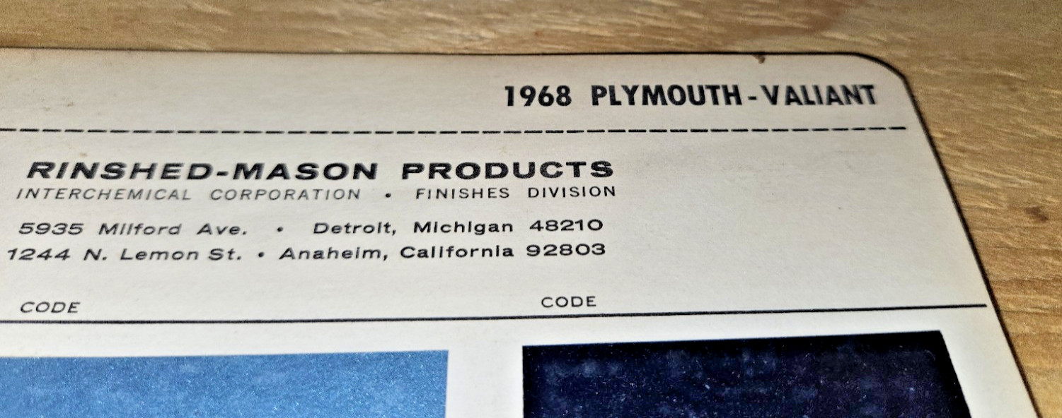 1968 PLYMOUTH Paint chips RM VALIANT BARRACUDA BELVEDERE FURY GTX SATELLITE chip