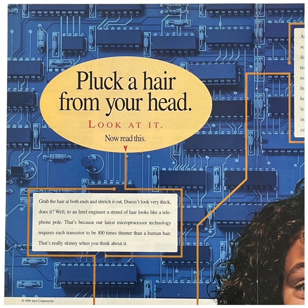 Intel 2 Page PRINT AD Microprocessor Technology Pluck A Hair From Your Head
