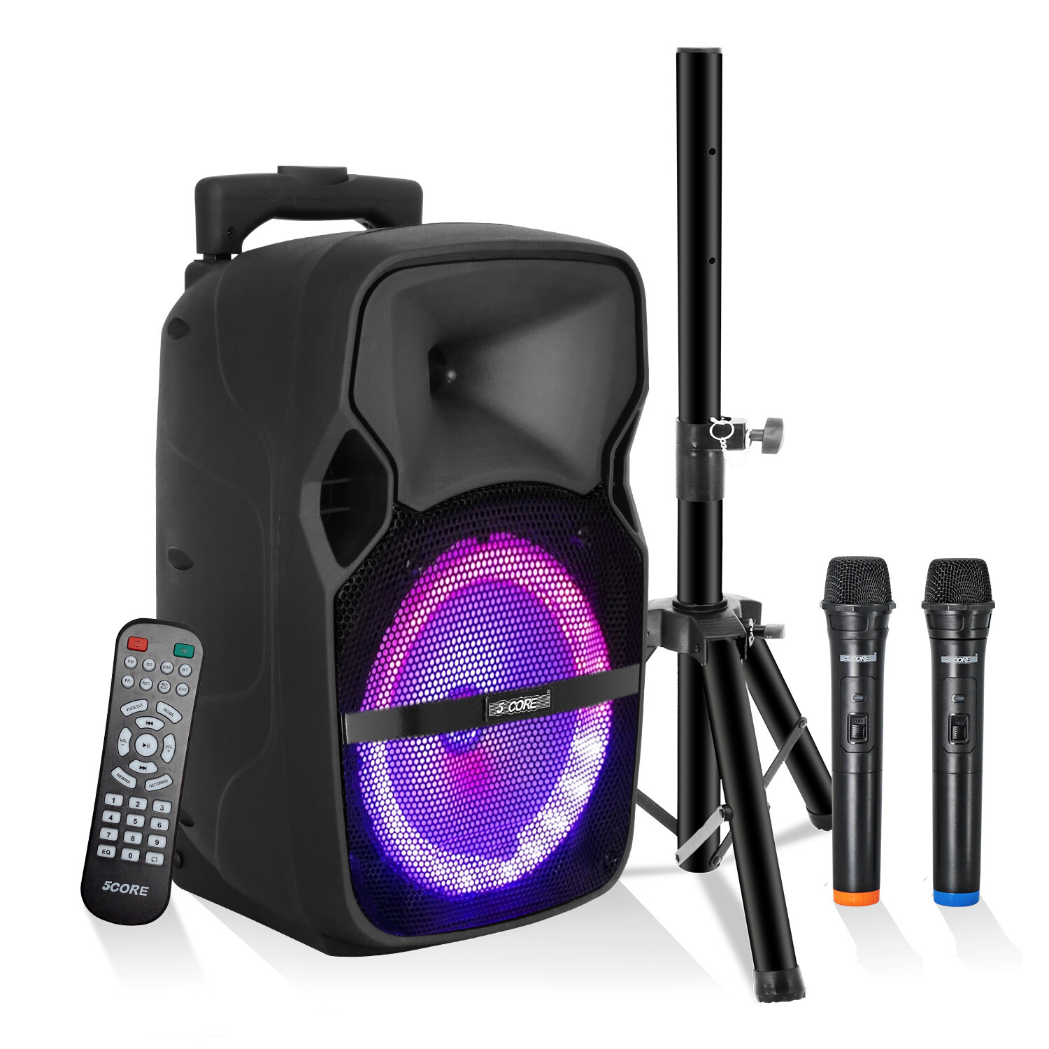 5Core 8 Inch Portable PA System 500W Bluetooth Party Speaker + 2 Wireless Mic