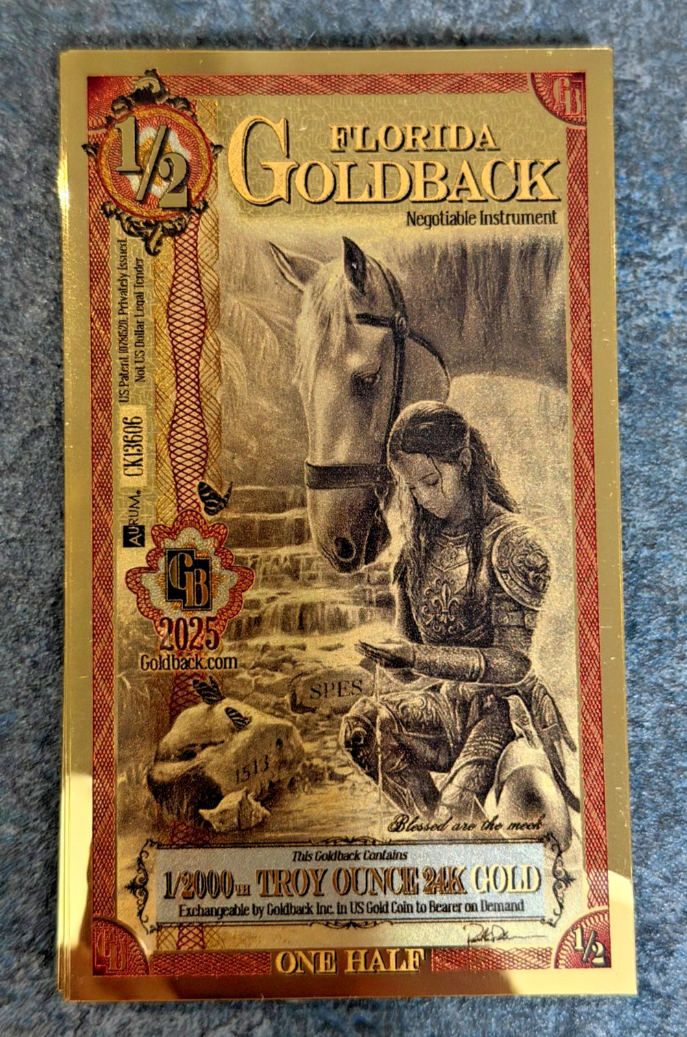 1/2 FLORIDA Goldback Aurum Gold Foil Note 1/2000 oz 24kt .999 Fine IN STOCK