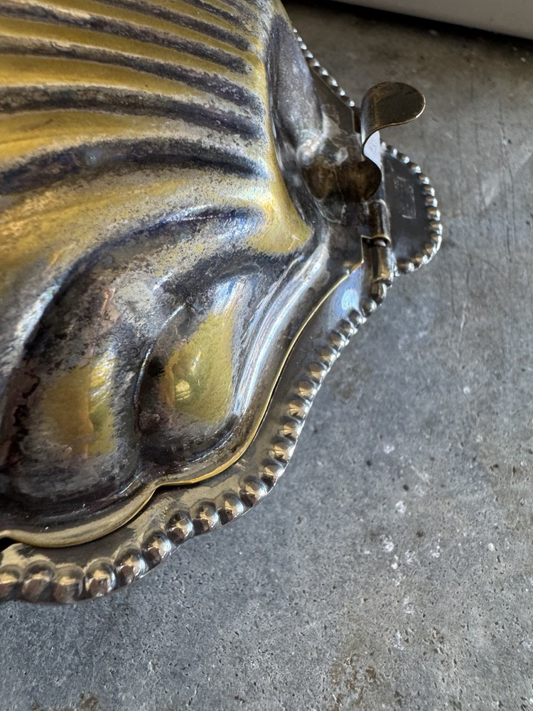 Vtg Silver Plated Leonard Clamshell Condiment Dish Glass Insert. No Knife. 5”