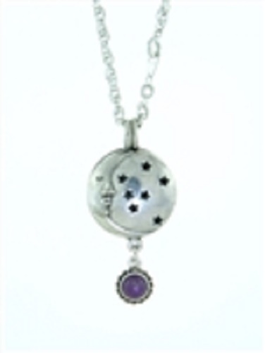 Pewter Moon & Stars Diffuser Pendant w/ Amethyst on 24" Chain