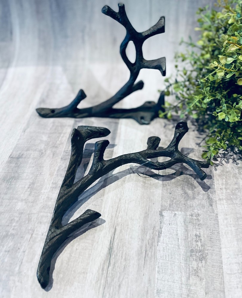 TWO (2) Cast Iron Shelf Bracket Wall Mount Hardware Brace Tree Branch Sculpture