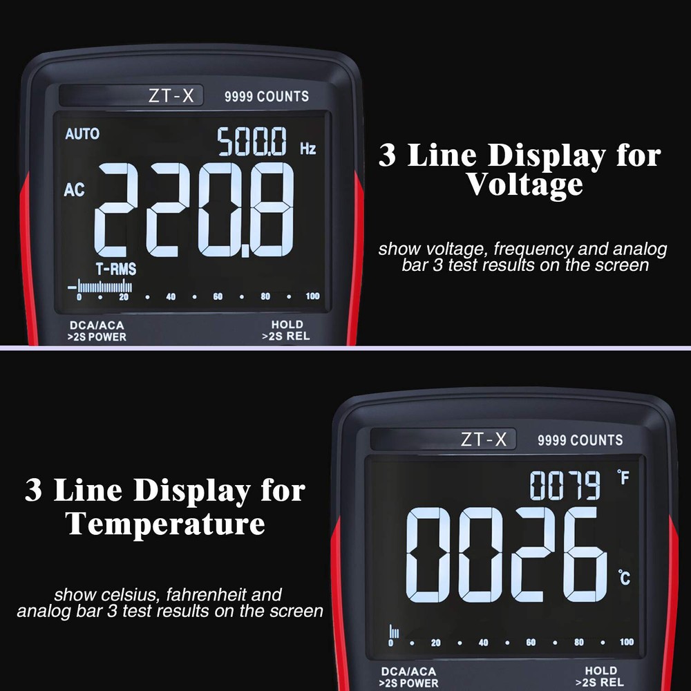True RMS Digital Multimeter 3-Line Display 9999 AC DC Voltmeter Automatic Tester