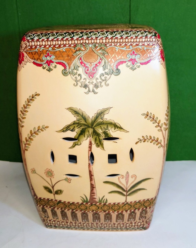 Vtg Ceramic Elephant, Palm Trees, Drum Stool, Impressed/Embossed Pattern. 17"H.