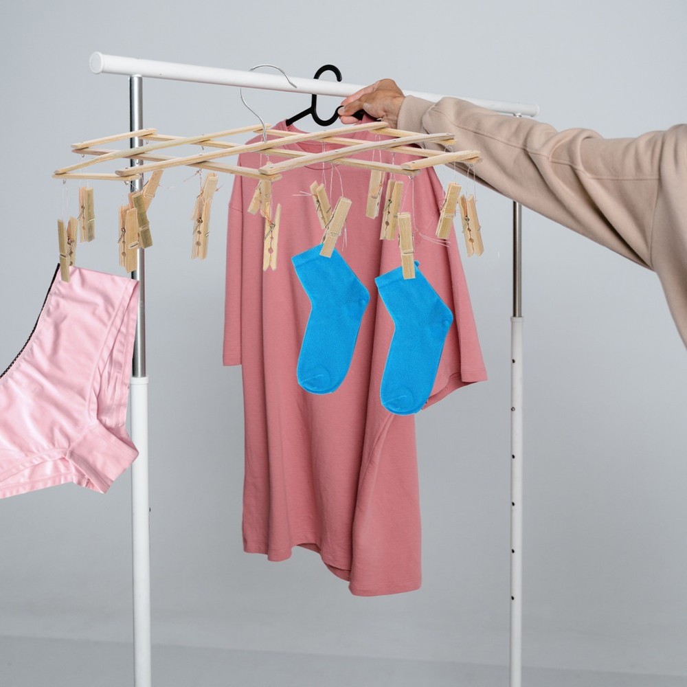 Bamboo Clothes Drying Rack With Multi Functional Peg Hooks