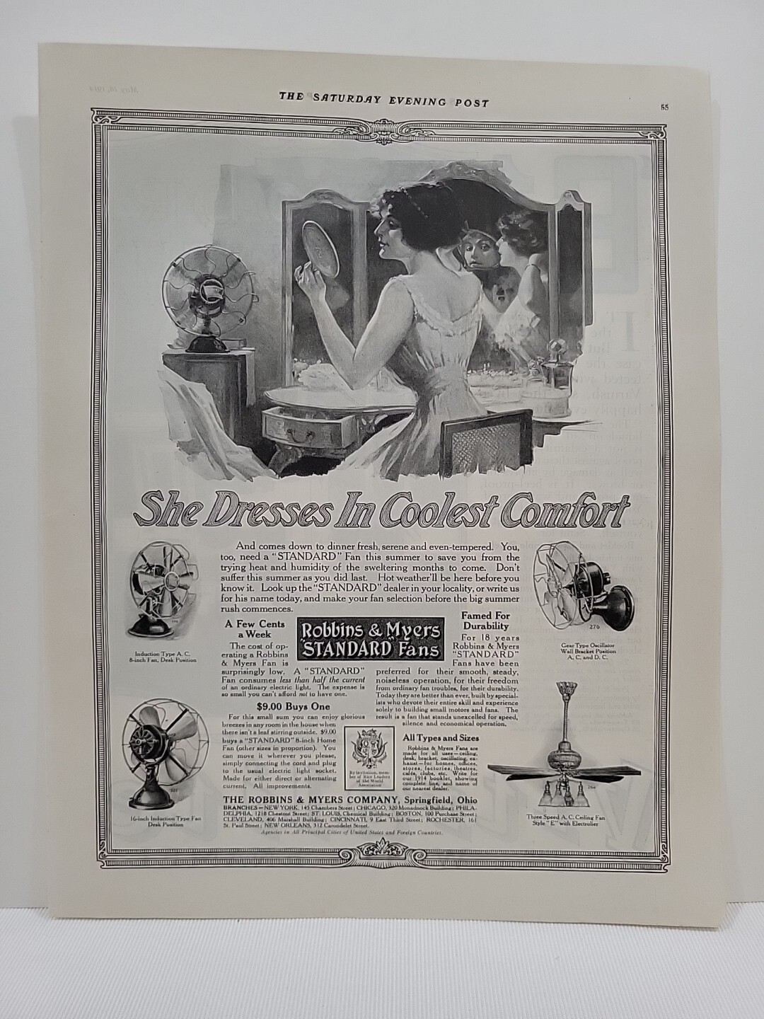 1914 Robbins & Myers Standard Fans Saturday Evening Post Print Ad Woman
