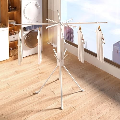 Clothes Drying Rack, Telescoping Tripod Foldable Laundry Dryer, Portable White