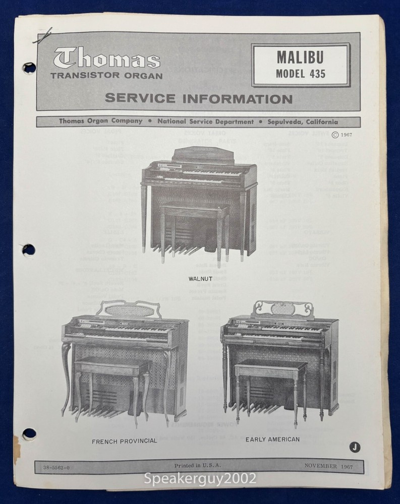 Original Thomas Organ Service Manual / Malibu 435 -- #2