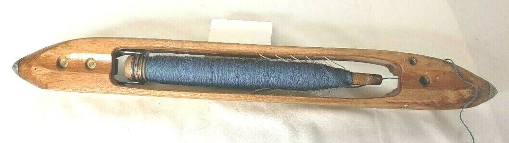 Antique Weaving Sewing Shuttle Loom Brass & Wood Threaded Spindle Bobbin