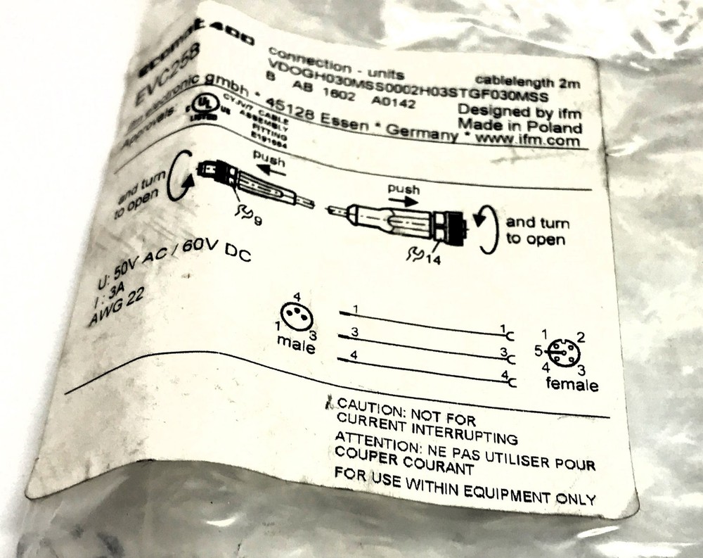 IFM Patch Cord Connection Cable EVC258 NOS