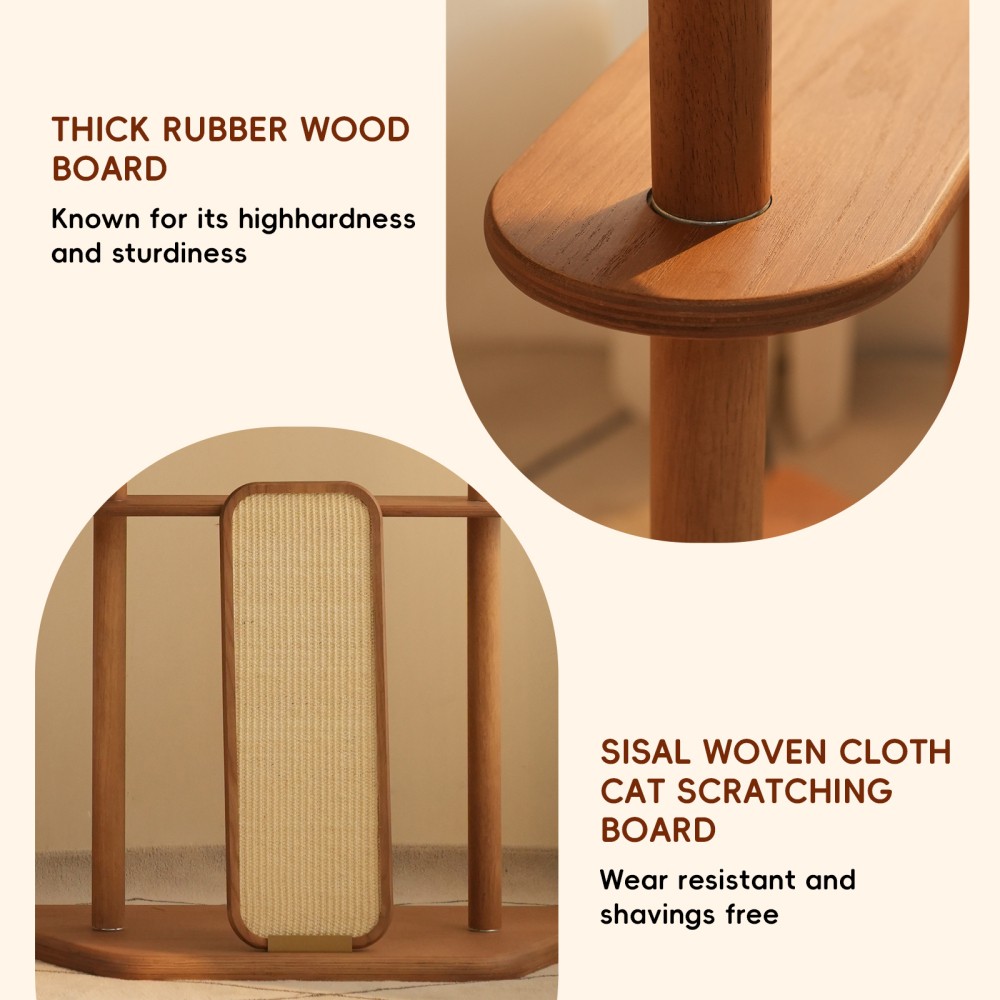 Geometric Cat Tower with Oak Veneer Shelves, Solid Rubberwood Posts