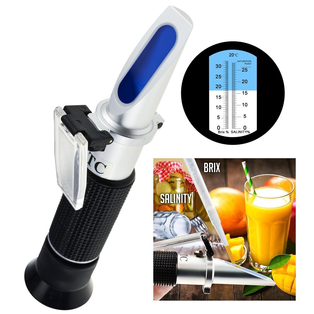 Brix Salinity Dual Scale Refractometer ATC Food Salt 0-32% Brix & 0-28% Salinity