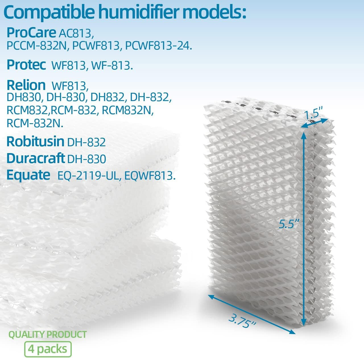 4 Pack EFP WF813 for Equate Cool Mist Humidifier Filter EQ-2119-UL EQWF813