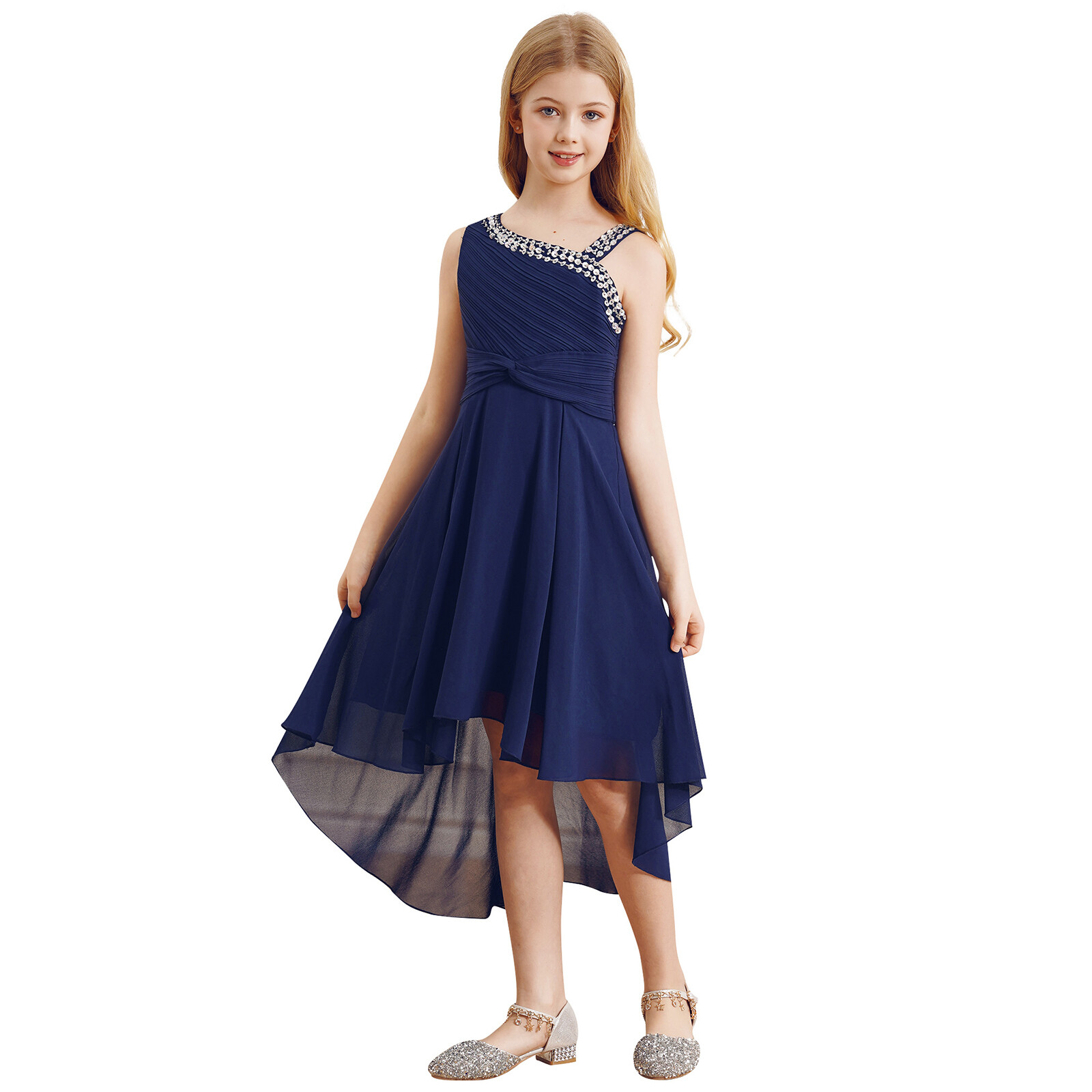 US Girls Sparkly Straps Summer Dress Sleeveless High Low Junior Bridesmaid Dress