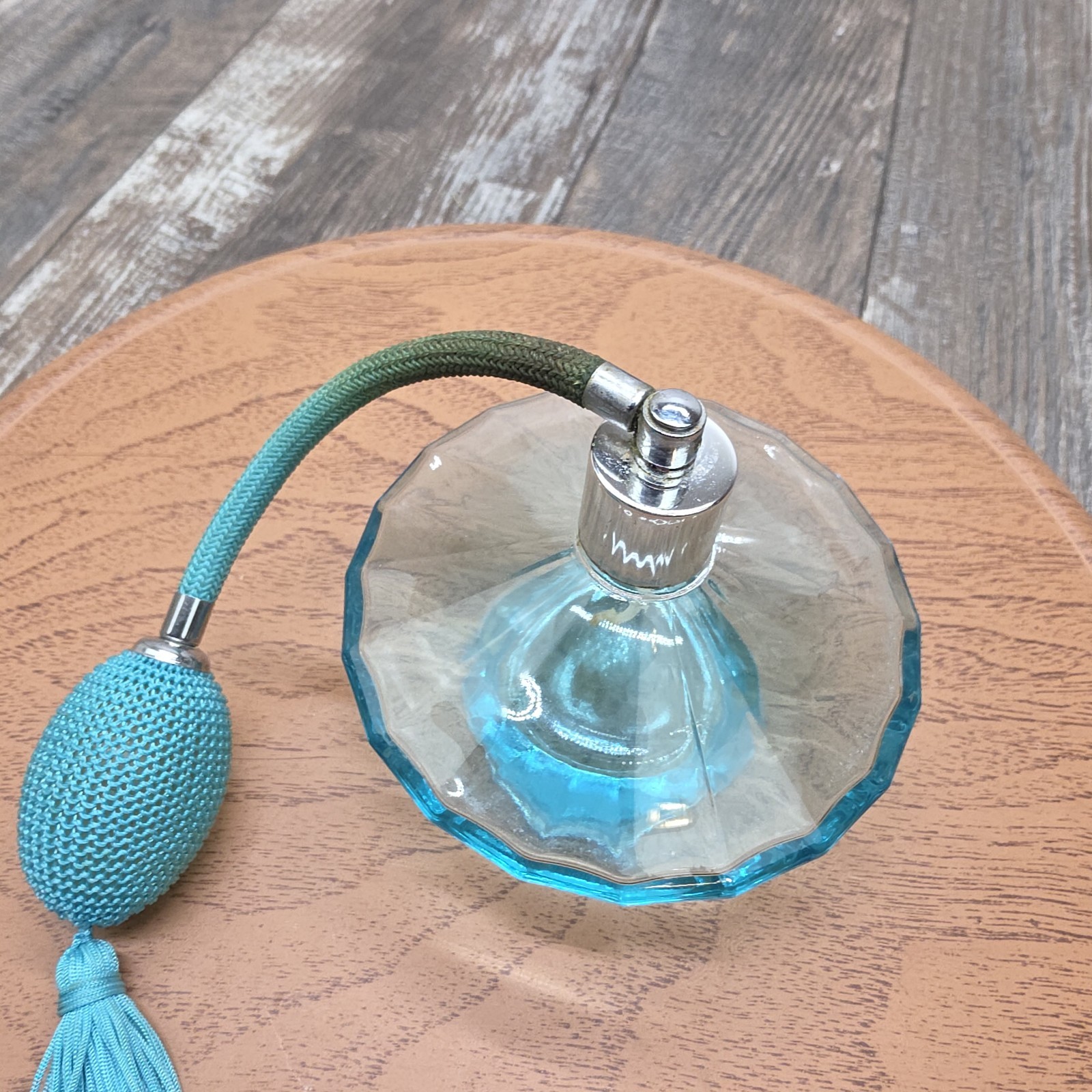 Vintage 4" Diameter Blue Perfume Bottle Atomizer With Tassle Glamor Era