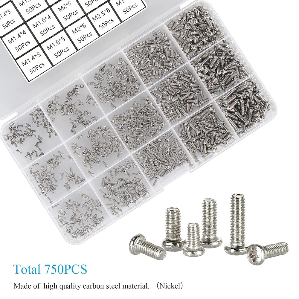 750pcs M1.4/M1.6/M2/M2.5/M3 Phillips Pan Head Small Machine Screws,Tiny...
