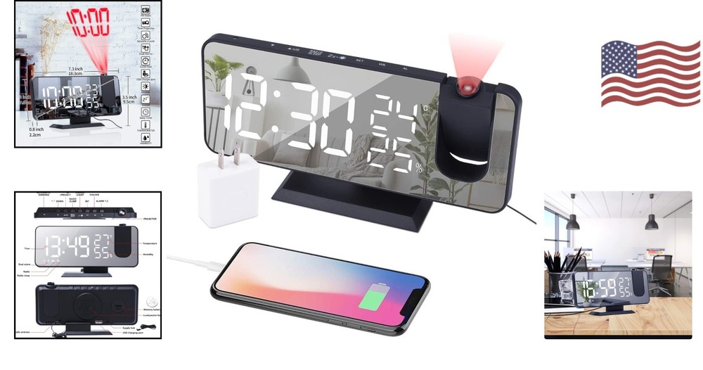 Stylish Black 7.3'' Projection Alarm Clock with Sleep Timer & Brightness Control