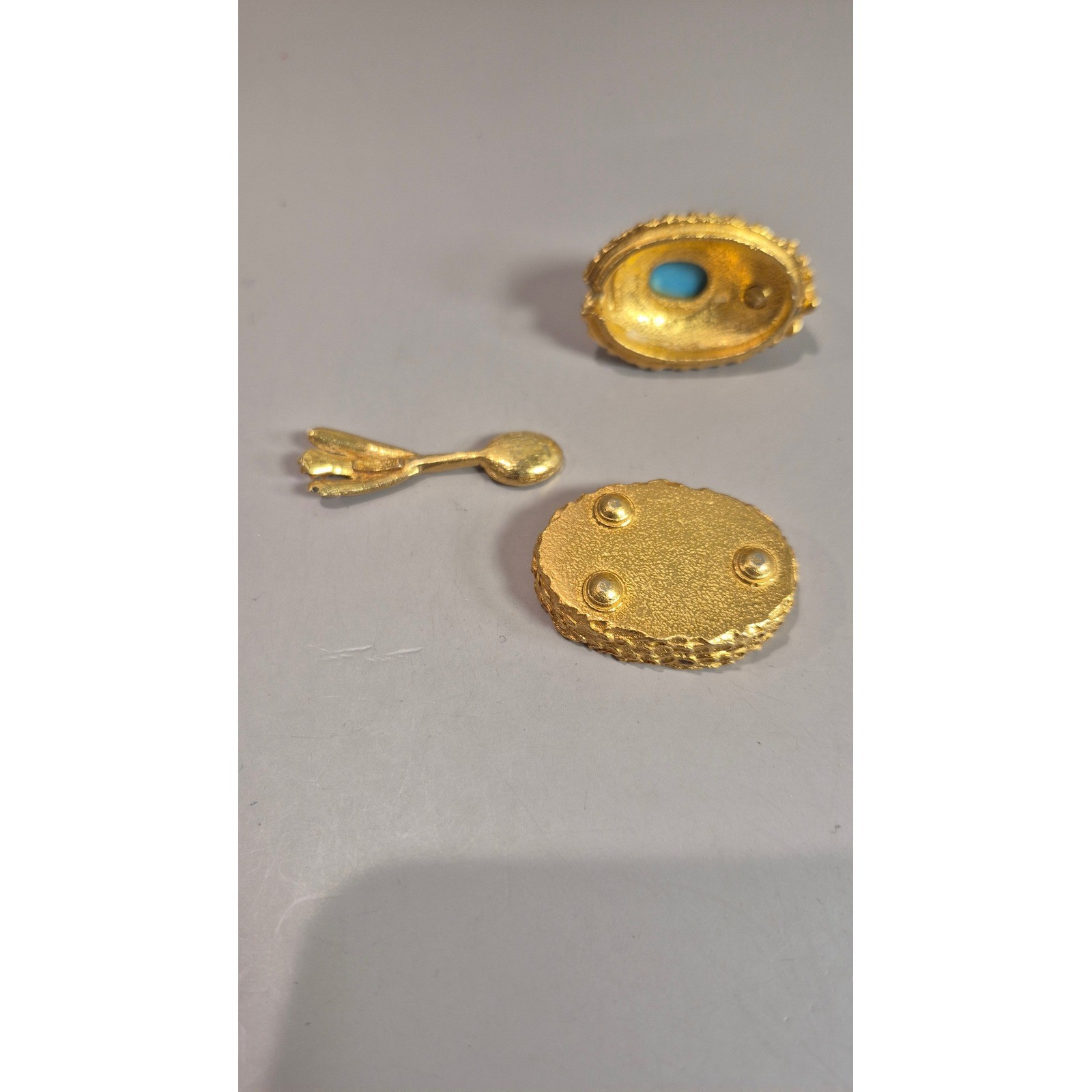 Vintage Florenza Gold Tone Peacock Salt Cellar with Spoon Turquoise Trinket Box