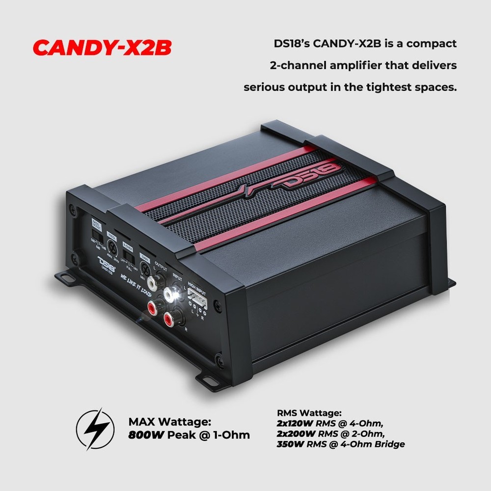 DS18 CANDY-X2B Compact Full-Range Class D 2-Channel Car Amplifier 800 Watts