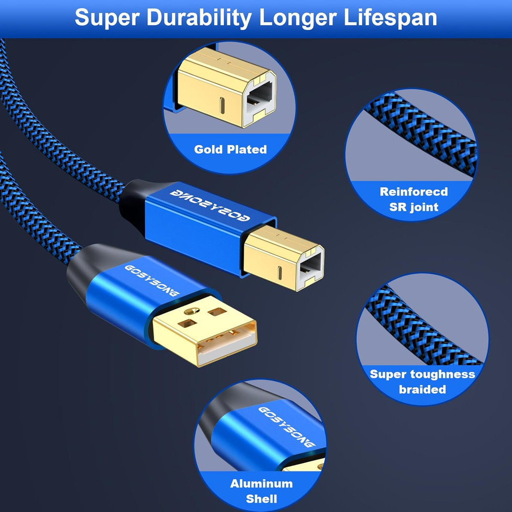 30Ft USB 2.0 Printer Cable - High Speed Type a to Type B, Compatible with HP, Ca