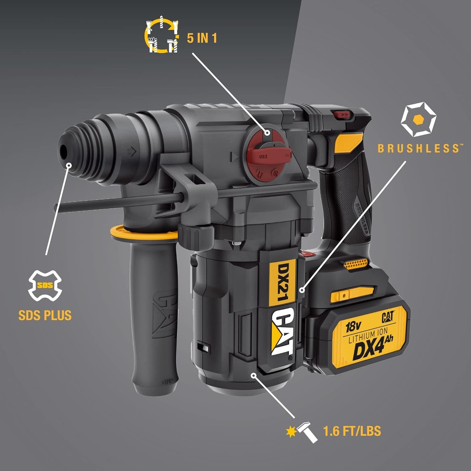 Cat® 18V 1 FOR ALL 1” Cordless Rotary Hammer Drill, Brushless Motor-DX21
